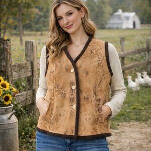 Spanner Vintage Boho Faux Suede Sherpa Lined Button Vest Brown Floral